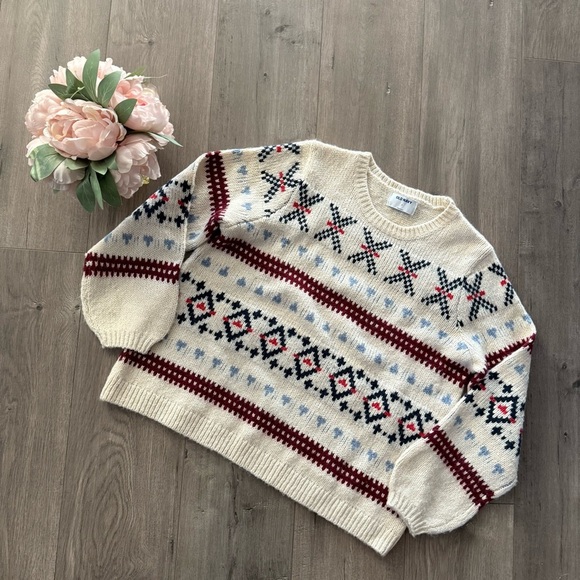 Old Navy Fair Isle White Winter Knit Chunky Sweater - Picture 3 of 6
